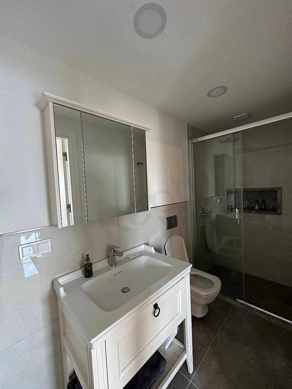 Interior view of a spacious and furnished bathroom designed with modern fixtures and stylish details.