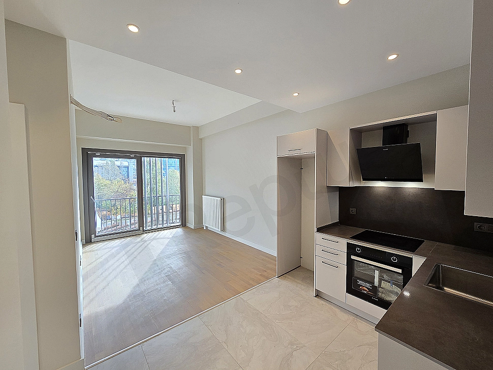 Modern living room interior, minimalist design, large window and natural light