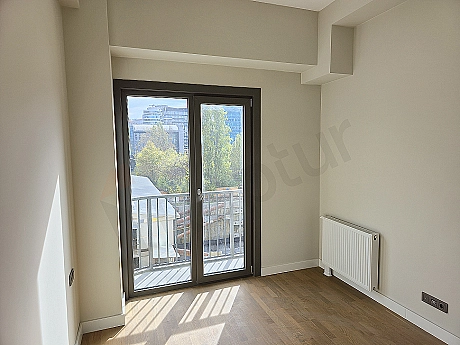 Modern bedroom interior, stylish bed, nightstand, and lighting