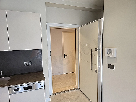 Modern apartment entrance door and hallway detail.