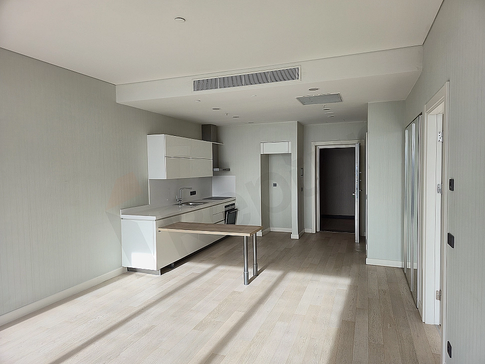 Modern dining room: Wooden table, gray chairs, stylish lighting