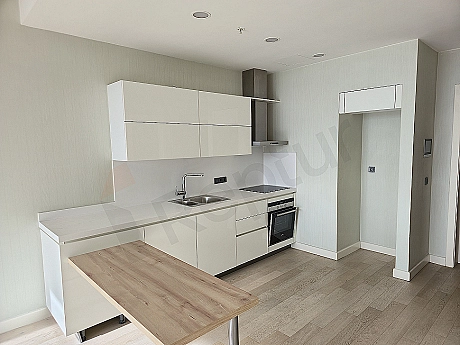 Bright kitchen with modern white cabinets, built-in oven, and hob.
