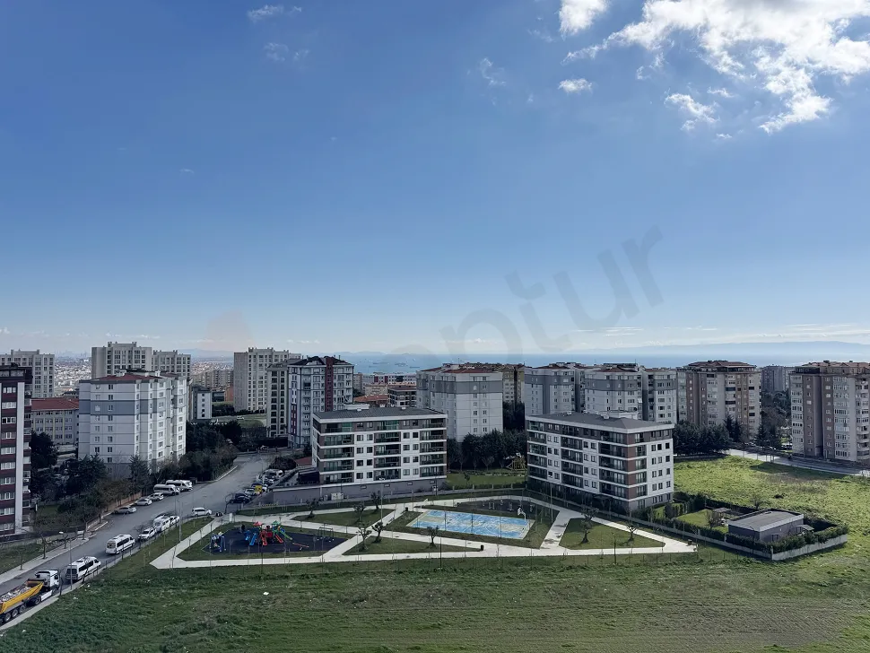 Wide-angle panoramic view image of the city and sea in Beylikdüzü, Istanbul.