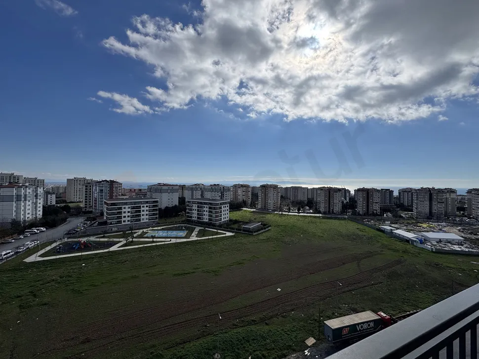 Wide-angle panoramic view of the city and sea landscape in Beylikduzu, Istanbul.