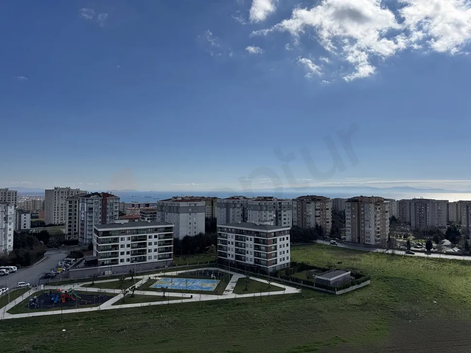 Panoramic city and sea view in Beylikdüzü, Istanbul, featuring modern architecture and a coastal landscape.