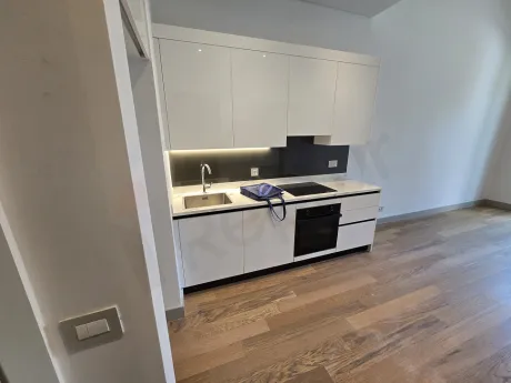 Modern, spacious, and bright kitchen design of an apartment.