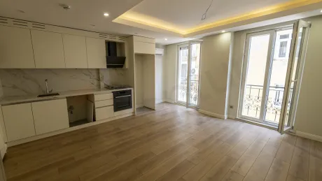 Modern kitchen design with cabinets and spacious countertop area.