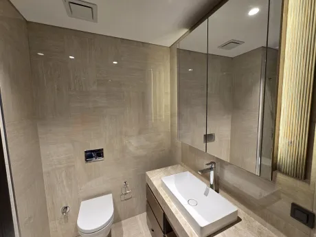 Modern designed bathroom with sink unit and stylish bathroom decoration.