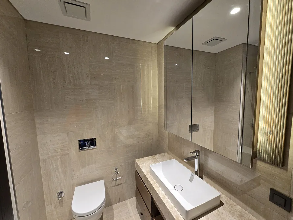 Modern designed bathroom with sink unit and stylish bathroom decoration.