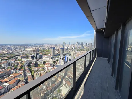 Spacious and modern balcony of a luxury residence apartment in Sisli opening to a city view.