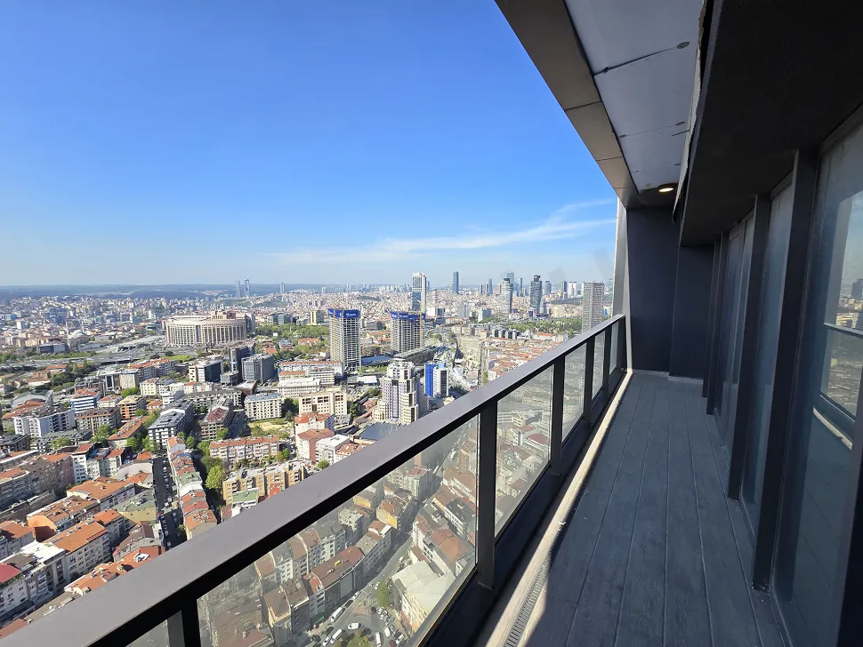 Spacious and modern balcony of a luxury residence apartment in Sisli opening to a city view.