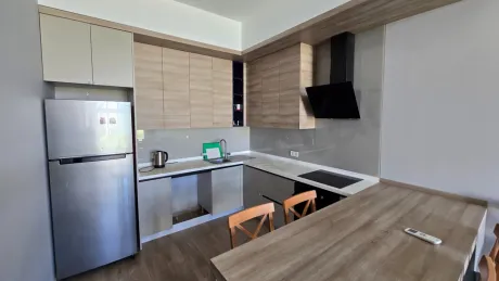 Design of a spacious and functional kitchen area in a modern apartment.