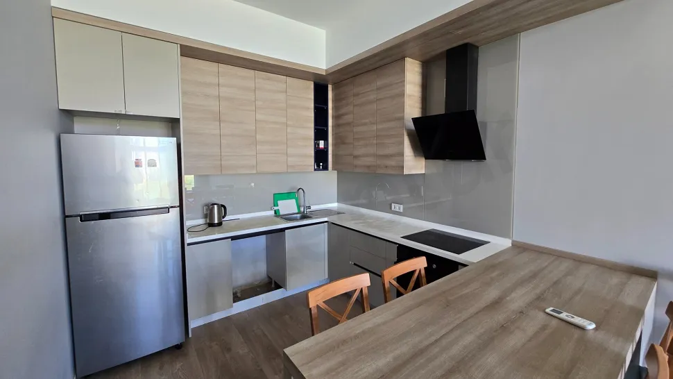 Design of a spacious and functional kitchen area in a modern apartment.