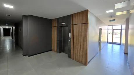 Sleek and modern interior design of an elevator cabin and door in a residential building.