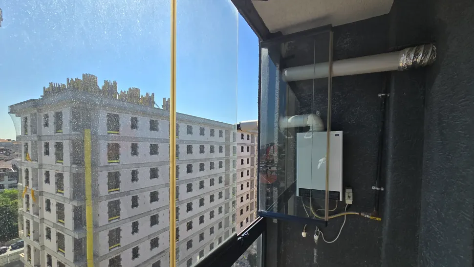 Modern and spacious balcony area of an apartment with a city view in Küçükçekmece.