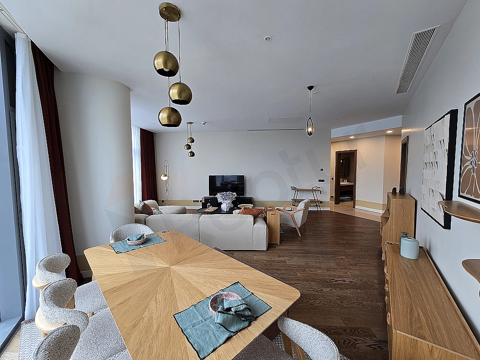 Modern designed living room interior, stylish furniture and bright atmosphere.