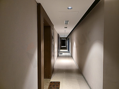 Modern apartment hallway, wooden floor, white walls, built-in closets, lighting details.
