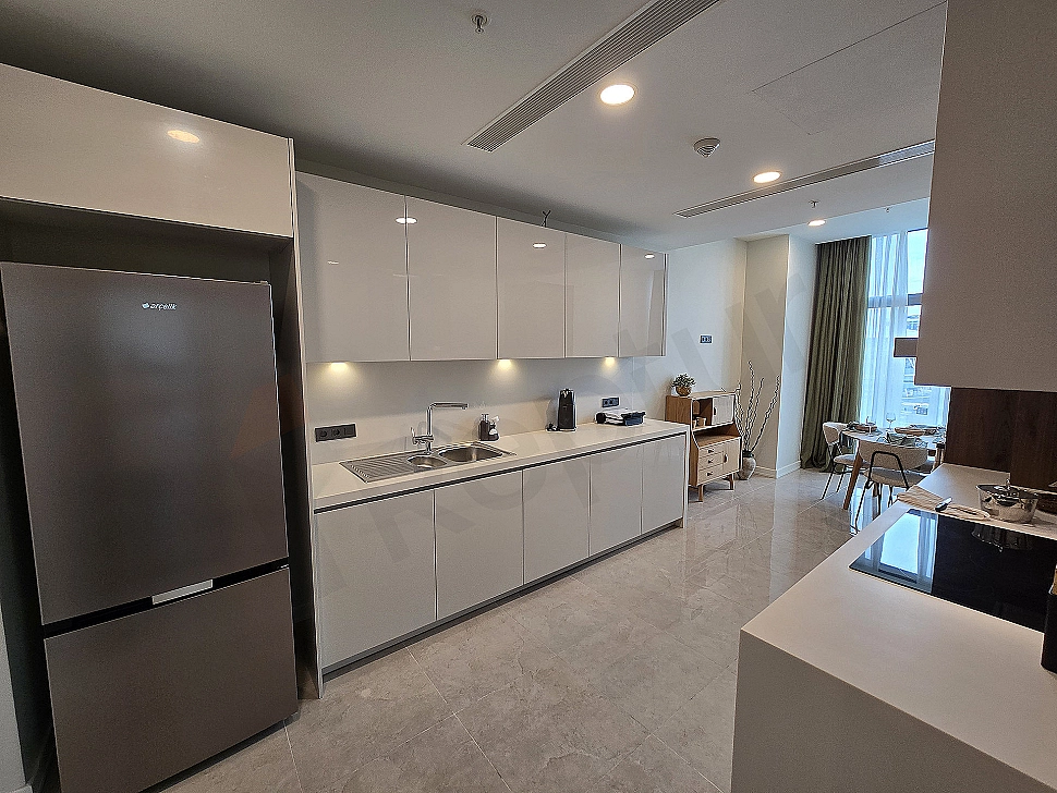 Modern designed, spacious, and bright kitchen.
