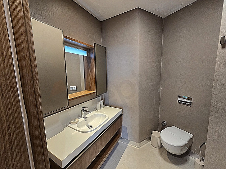 Luxurious bathroom with modern design, white ceramic sink and large mirror.