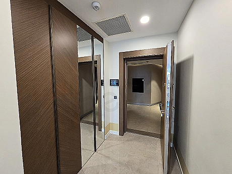 Stylish apartment entrance door and modern hallway detail.