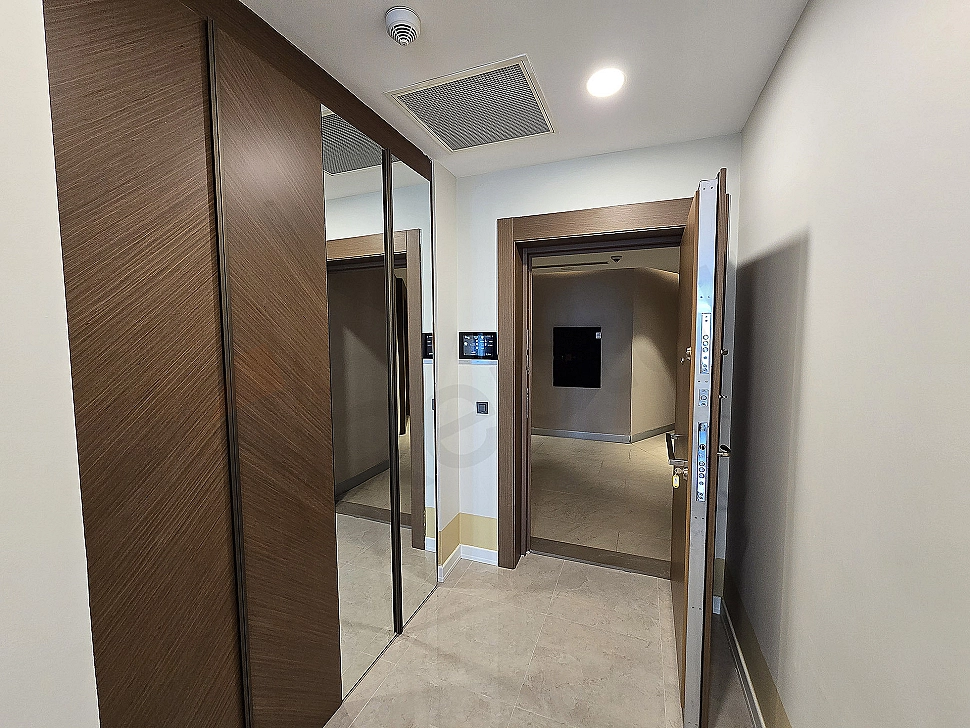 Stylish apartment entrance door and modern hallway detail.