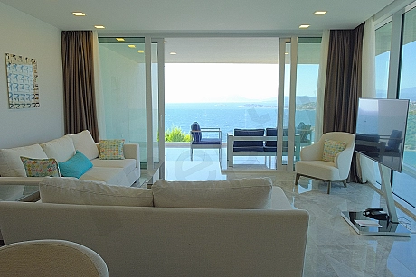 Comfortable and furnished living room interior.