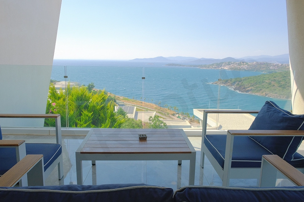 Wide-angle panoramic view of the sea and coastline from Bodrum.