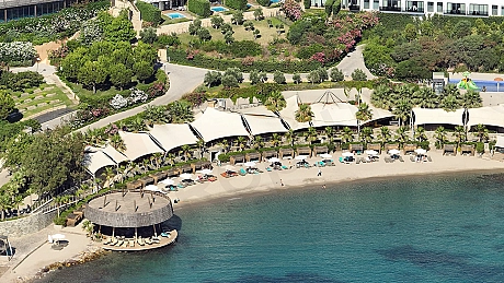 A sunny view of a private residence beach in Bodrum, with clear turquoise sea and fine sand. Sun loungers and umbrellas are neatly arranged on the beach.