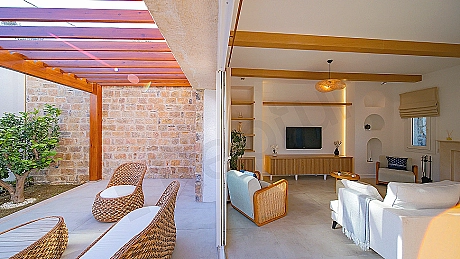 Spacious and bright living room interior.