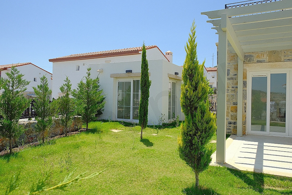 Garden view of a villa for sale in Bodrum.
