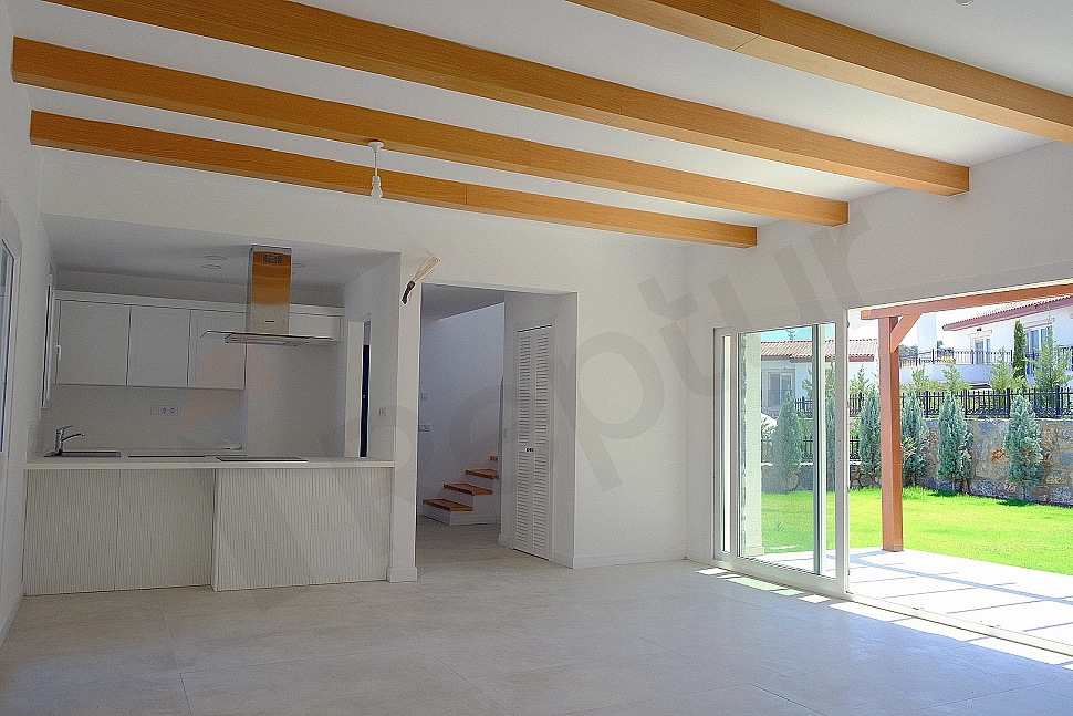 Interior of an open plan kitchen.