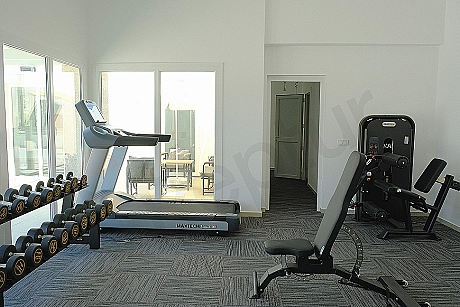 Gym inside a villa, equipped with sports equipment and mirrors.