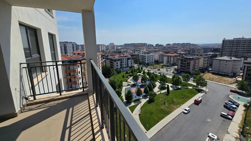 Spacious balcony of a modern building with a city view in Beylikdüzü, Istanbul.