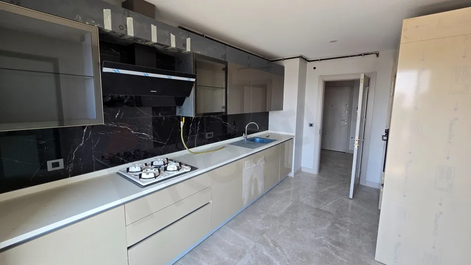 Modern kitchen design with spacious countertops and stylish cabinets.