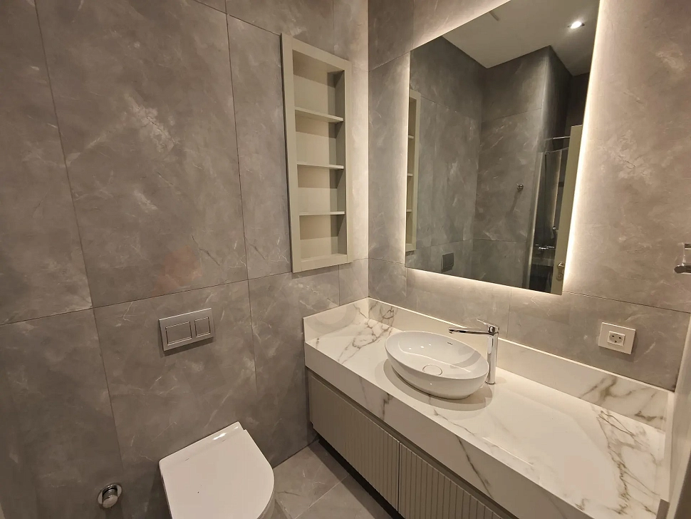 Modernly designed bathroom interior with stylish details.