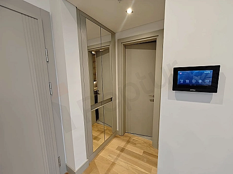 View of a stylish entrance door and hallway area of a modern apartment.