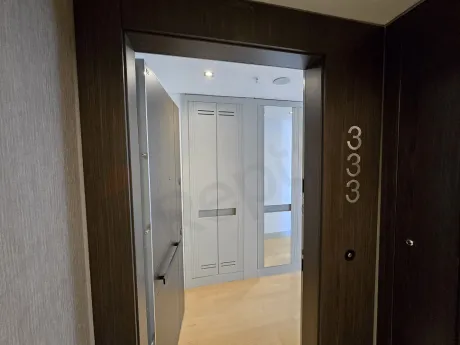 View of the entrance hall and doorway of a modern apartment.