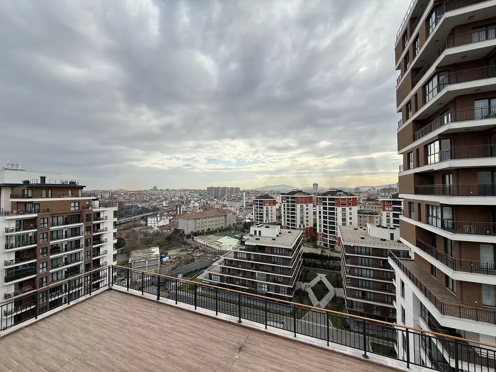 Panoramic view of green forest and modern city landscape in Istanbul Cekmekoy.
