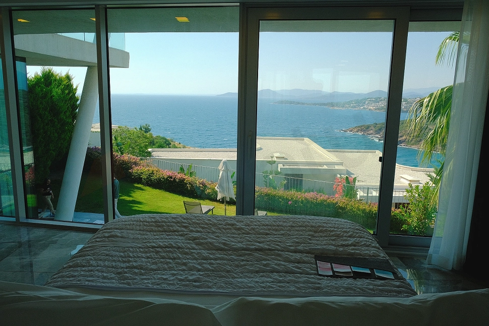 Panoramic landscape view of the turquoise sea and coastline in Bodrum.