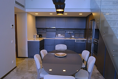 Interior view of a stylish and spacious dining room decorated with modern furniture.