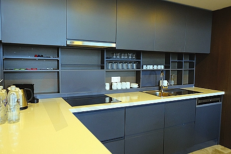 Modern furnished villa kitchen equipped with stylish cabinets and built-in appliances.