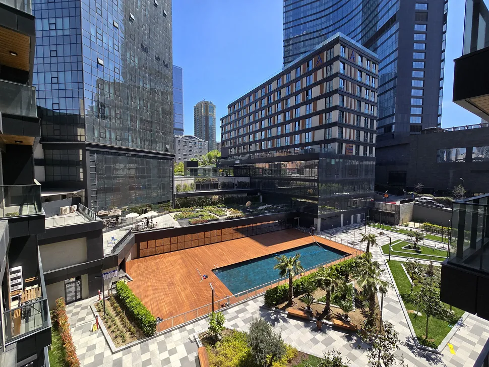 Spacious and modern balcony of a luxury residence apartment in Sisli opening to city views.