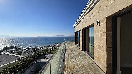 Spacious and airy terrace area with modern architecture of a luxury residence in Bodrum.