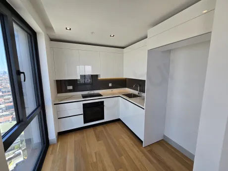 Modern kitchen area with stylish cabinets and a spacious countertop.