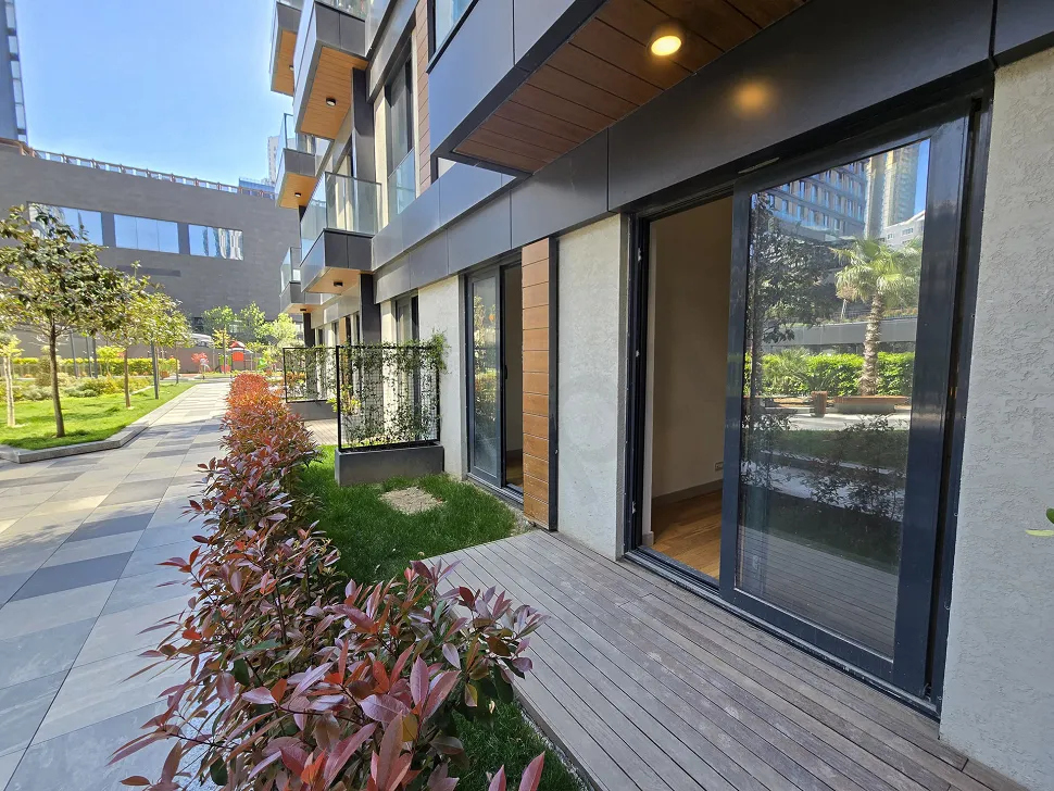 Spacious terrace area with a city view in a modern building in Sisli, Istanbul.