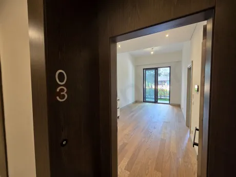 Apartment entrance and hallway area in a modern building.