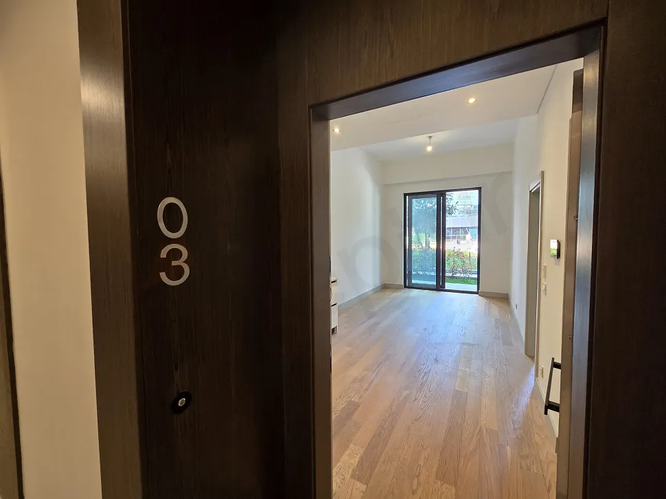 Apartment entrance and hallway area in a modern building.