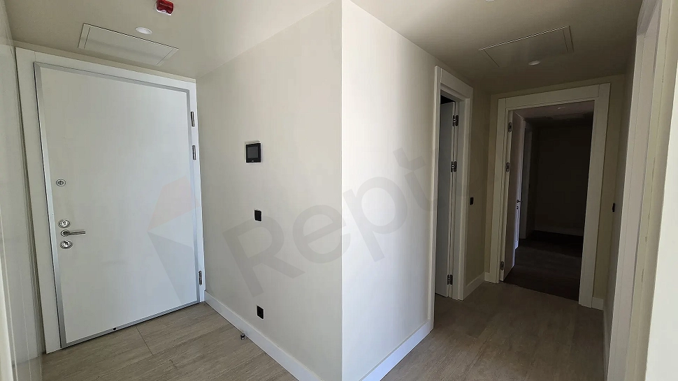 Entrance door and spacious hallway of a modern apartment.