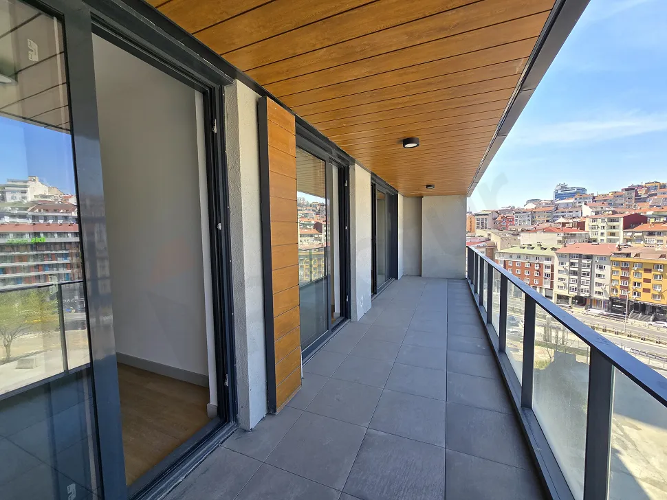 Spacious balcony of a modern residence apartment with a city view in Sisli.