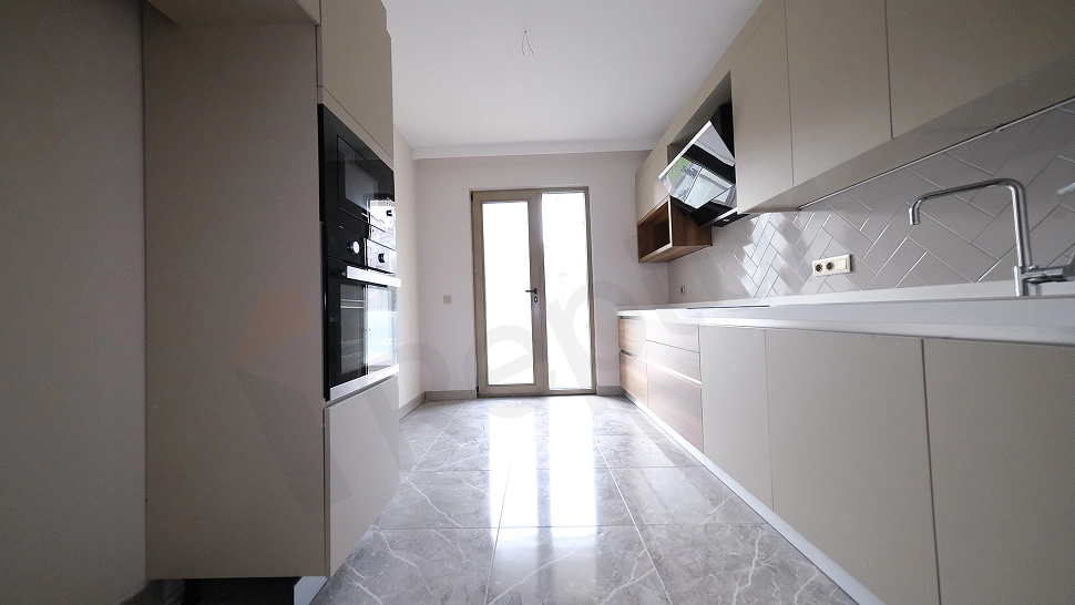 Modern kitchen countertop and cabinets.